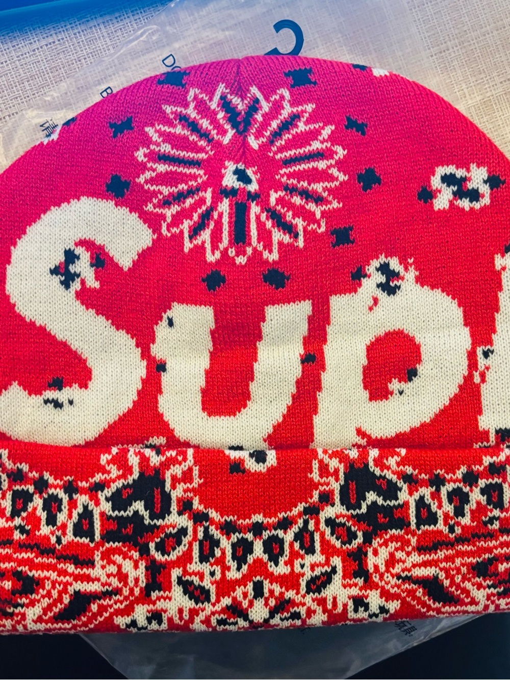 Supreme Red Fair Isle Knit Beanie (Red Bandana)